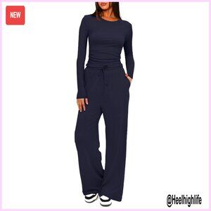 Women's Lounge Set Long Sleeve Top Wide Leg Pants Casual Matching Outfit